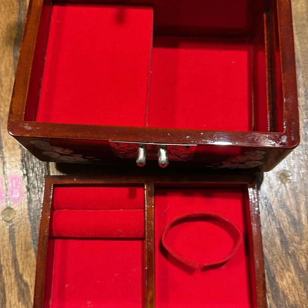 Vintage Asian Musical Jewelry Box with Mother of Pearl Inlay